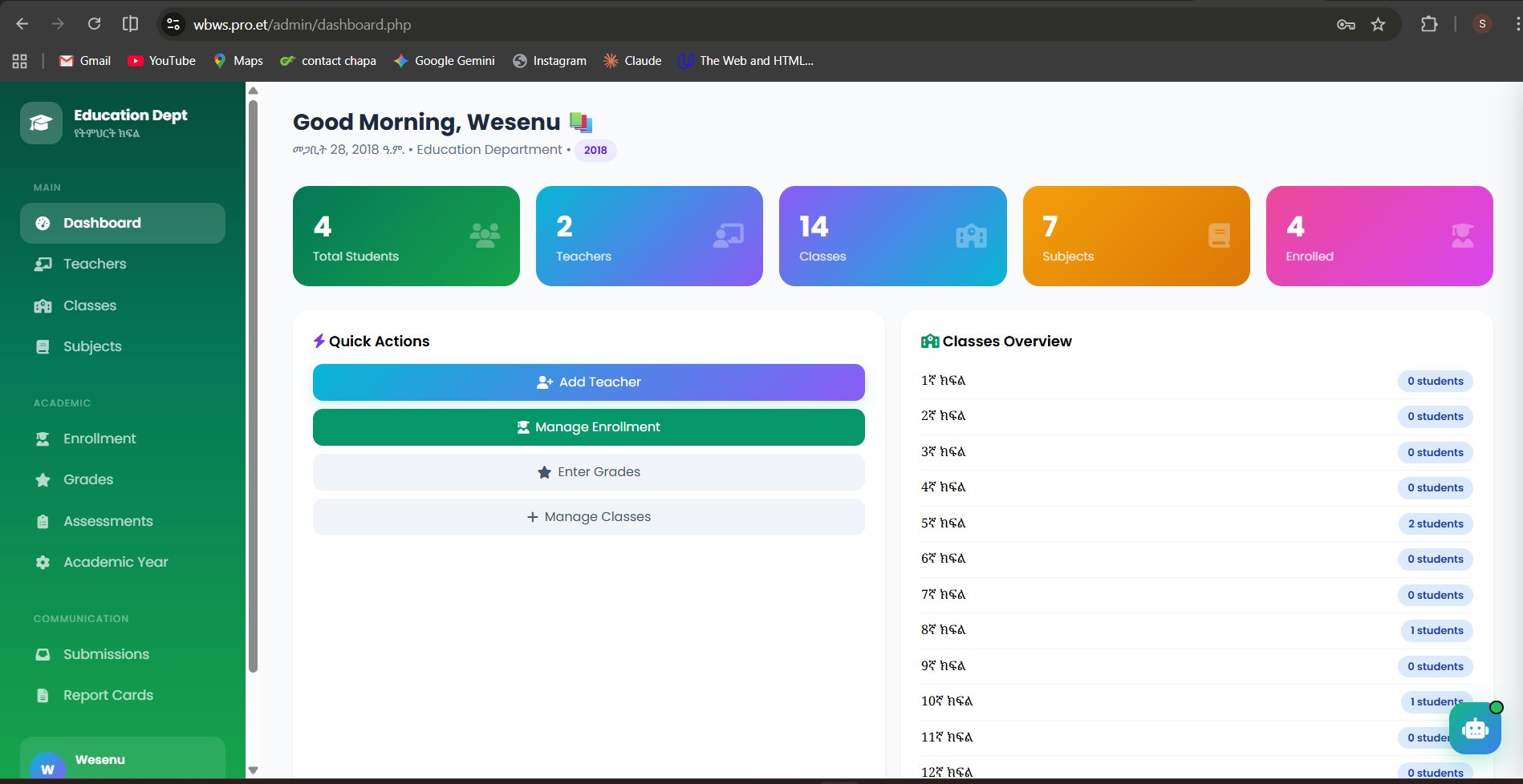 WBSS School Management System Dashboard